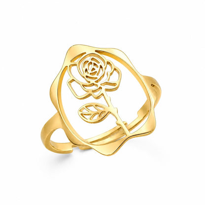 June Rose Birth Flower Ring – 18K Gold Plated Adjustable Floral Gift for Her