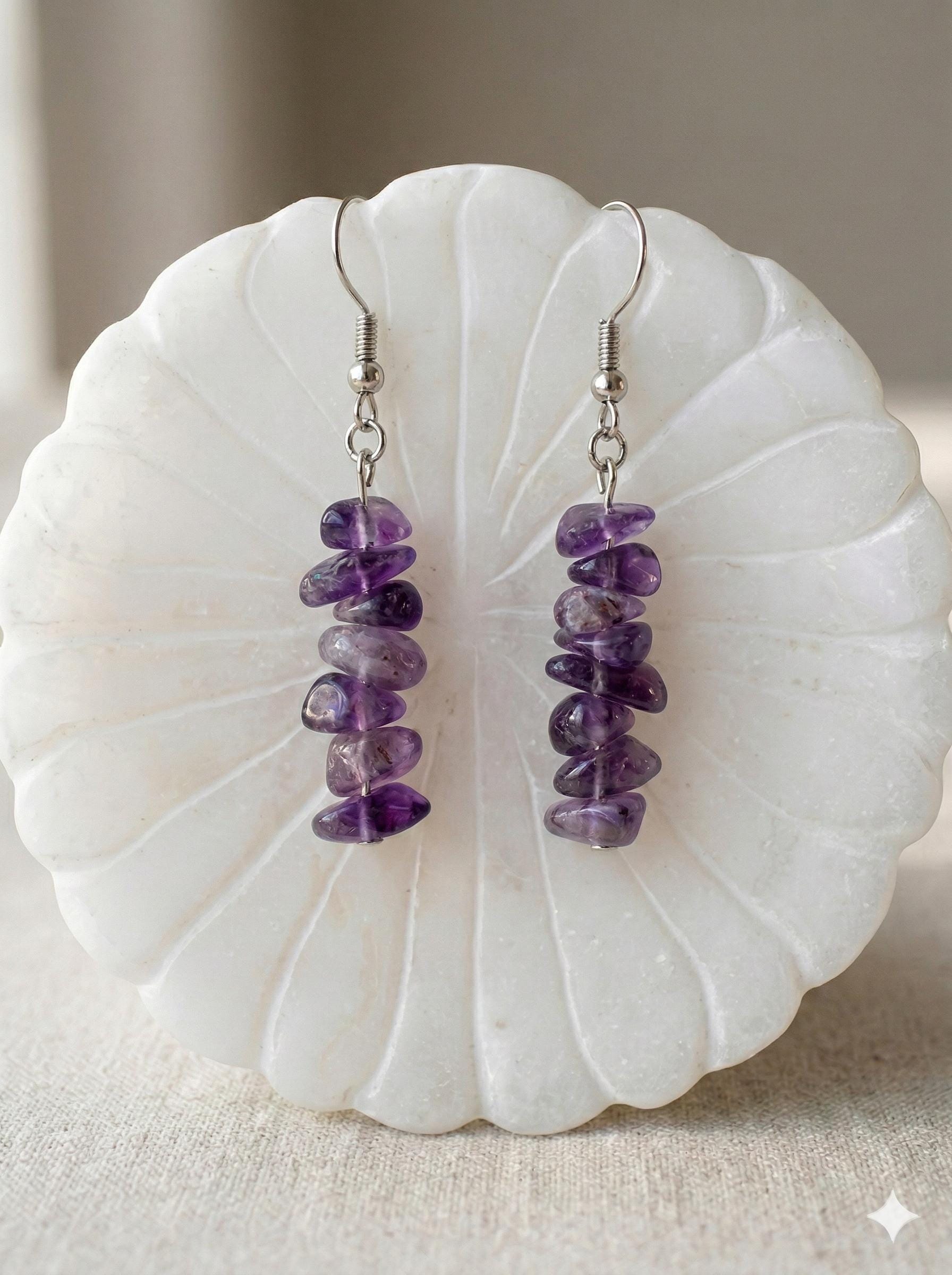 Amethyst Earrings – Natural Crystal Drop Earrings | Crown Chakra | Healing & Spiritual Balance | Boho Jewelry