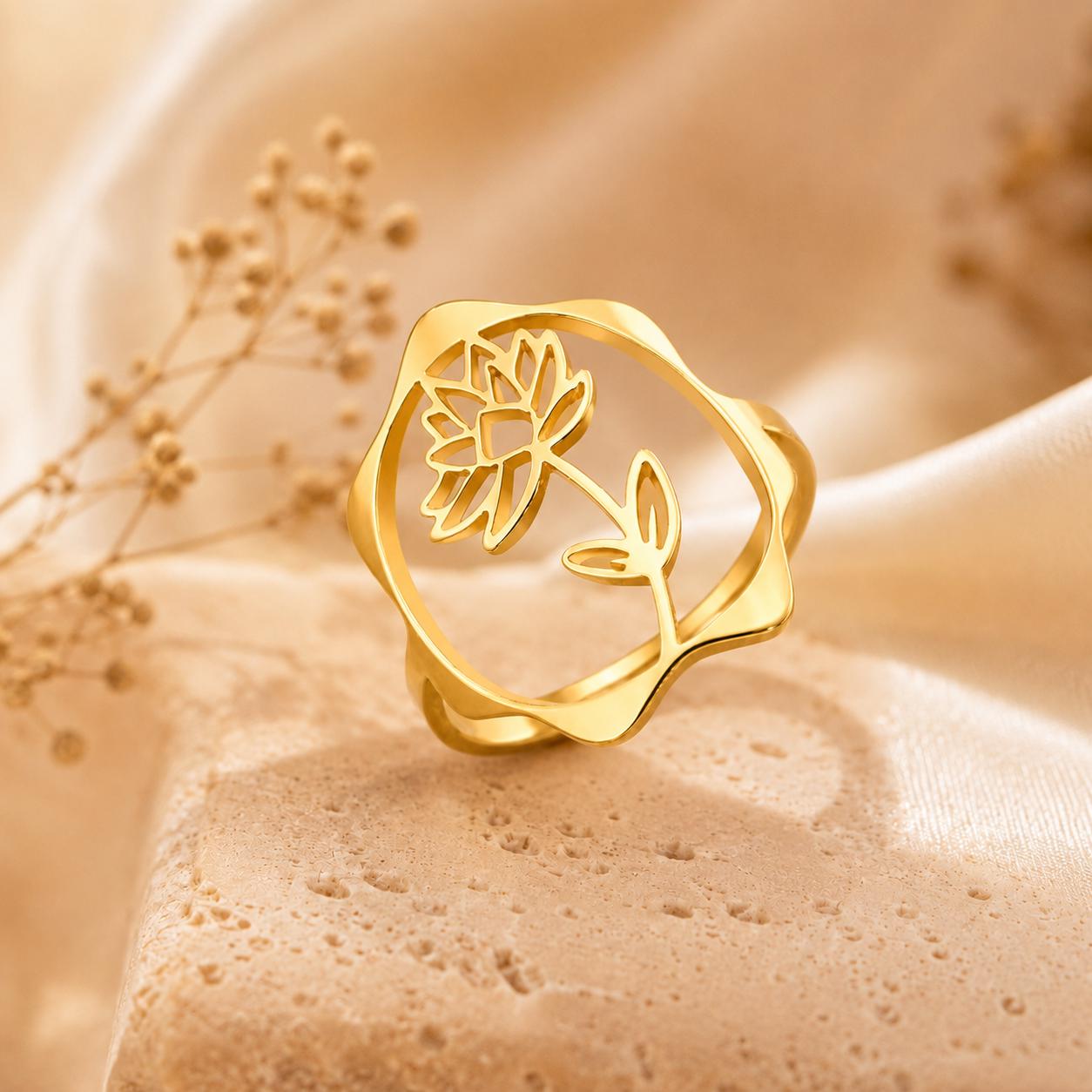July Water Lily Birth Flower Ring – 18K Gold Plated Adjustable Floral Gift for Her