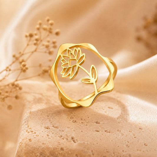 July Water Lily Birth Flower Ring – 18K Gold Plated Adjustable Floral Gift for Her