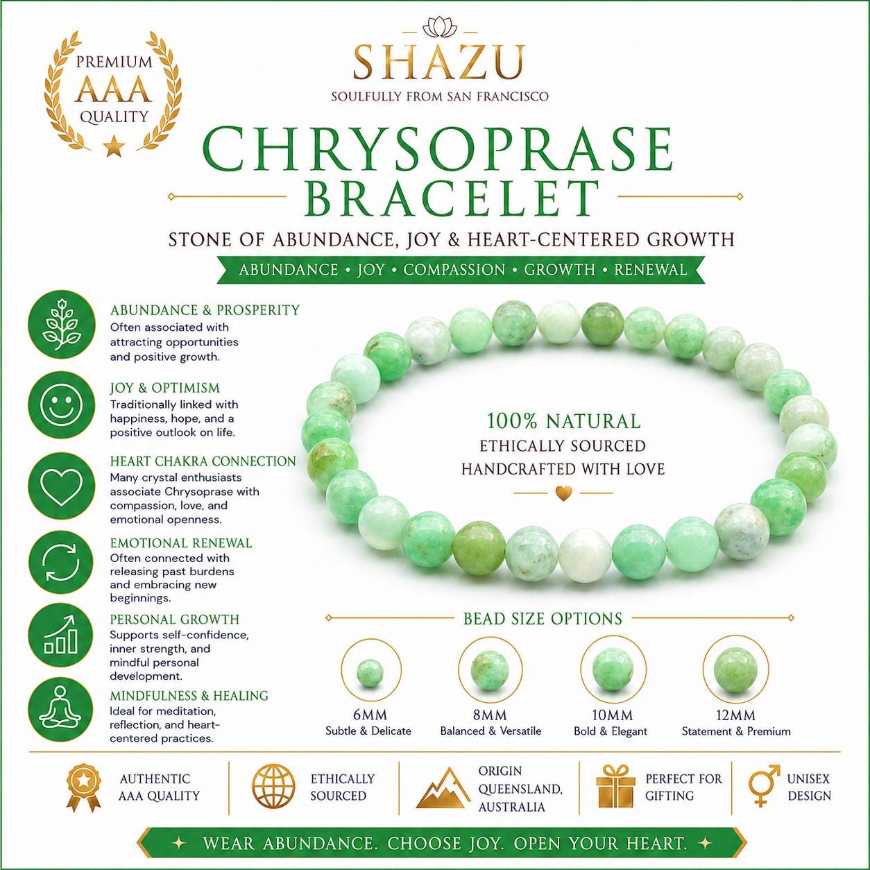 AAA Chrysoprase Bracelet – Natural Crystal Bracelet for Abundance, Joy & Heart Chakra Growth