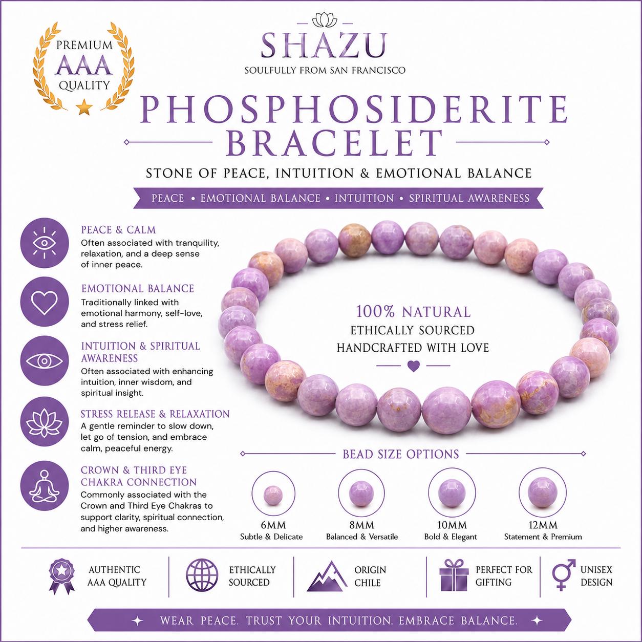 AAA Phosphosiderite Bracelet – Natural Crystal Bracelet for Peace, Intuition & Emotional Balance