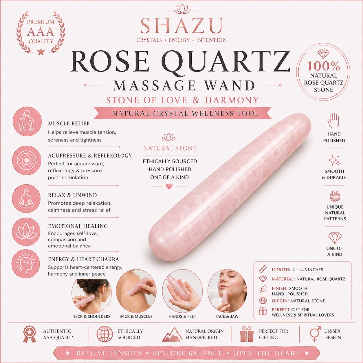 Rose Quartz Massage Wand – Crystal Massage Tool, Natural Stone Acupressure Wand, Reflexology & Reiki Crystal, Self Care Gift