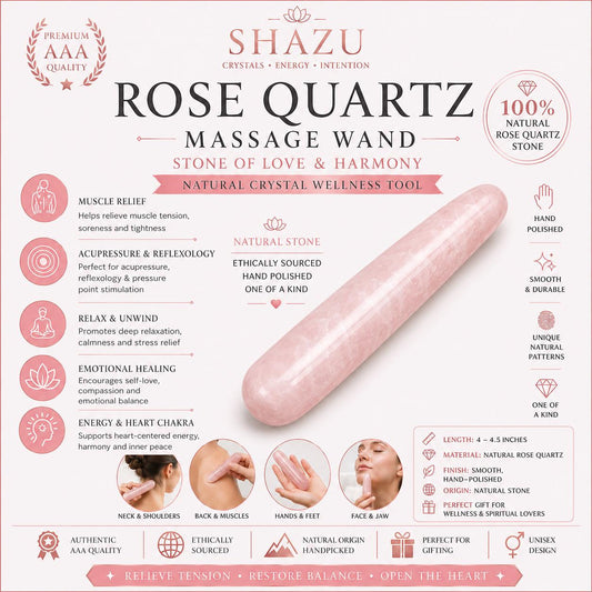 Rose Quartz Massage Wand – Crystal Massage Tool, Natural Stone Acupressure Wand, Reflexology & Reiki Crystal, Self Care Gift