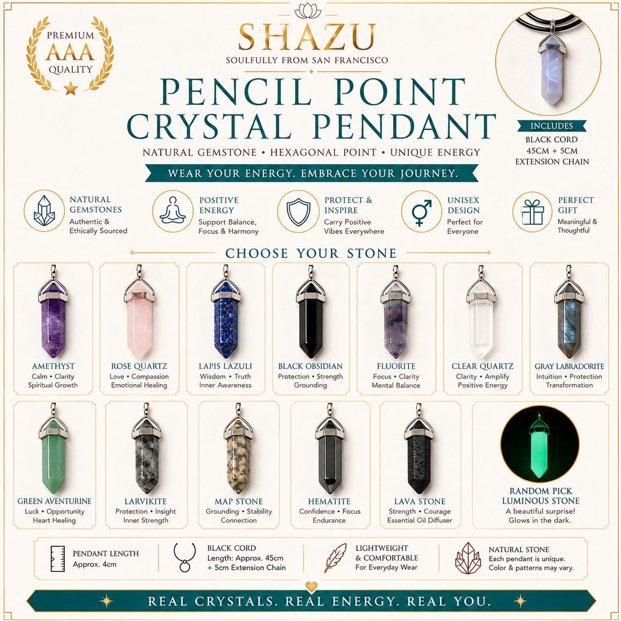 Pencil Point Crystal Pendant Necklace – Natural Gemstone, Black Cord, Amethyst, Rose Quartz, Labradorite