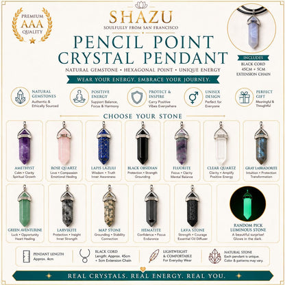 Pencil Point Crystal Pendant Necklace – Natural Gemstone, Black Cord, Amethyst, Rose Quartz, Labradorite