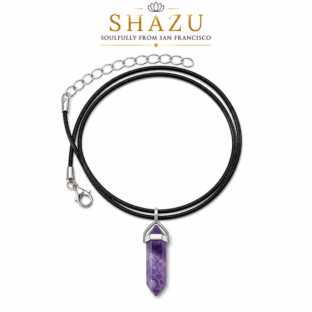Pencil Point Crystal Pendant Necklace – Natural Gemstone, Black Cord, Amethyst, Rose Quartz, Labradorite