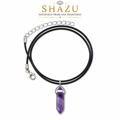 Pencil Point Crystal Pendant Necklace – Natural Gemstone, Black Cord, Amethyst, Rose Quartz, Labradorite