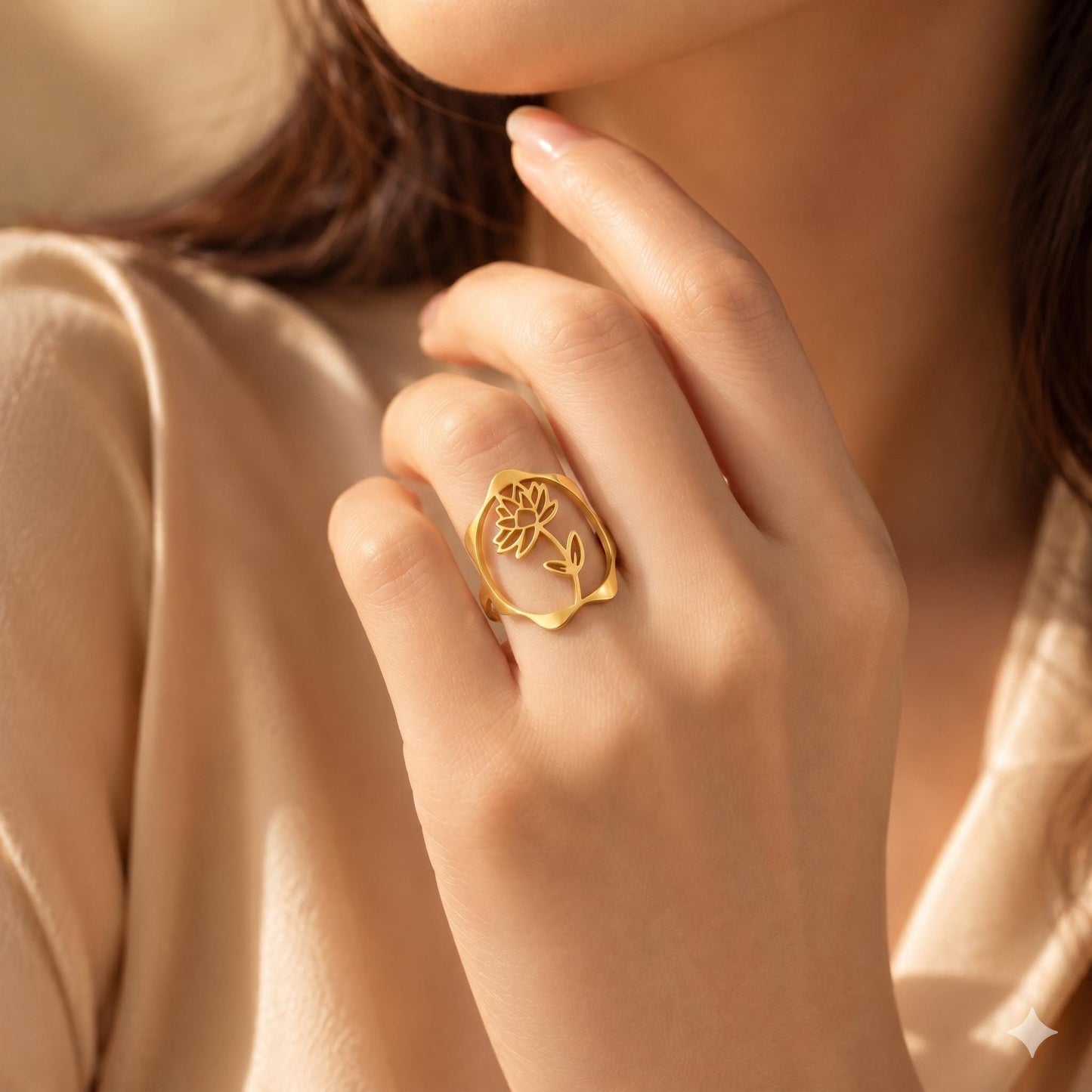 July Water Lily Birth Flower Ring – 18K Gold Plated Adjustable Floral Gift for Her