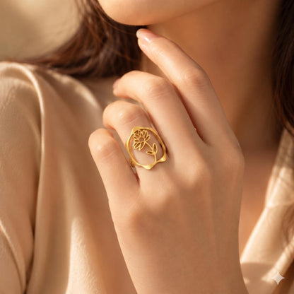 July Water Lily Birth Flower Ring – 18K Gold Plated Adjustable Floral Gift for Her