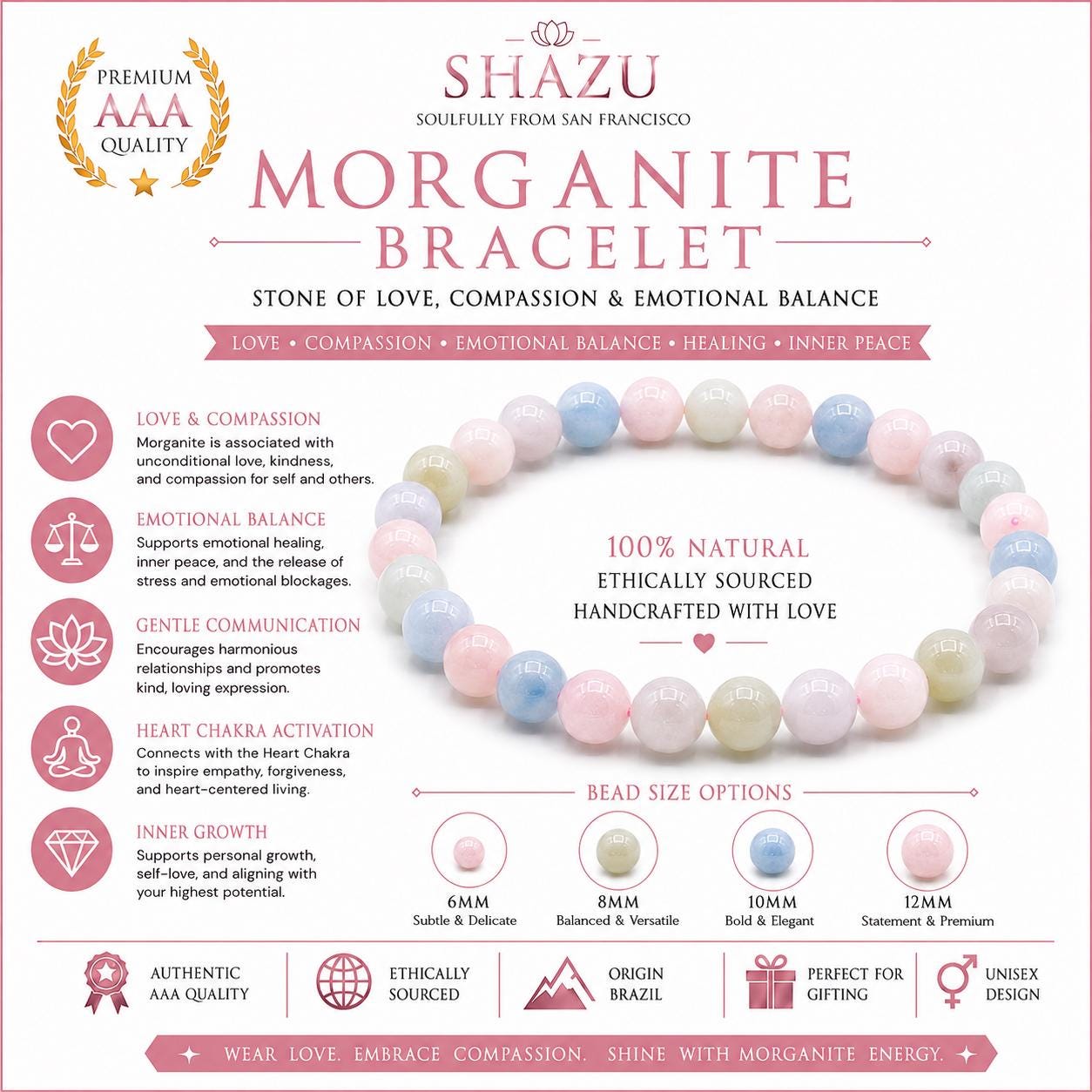 May include: A beaded bracelet made of natural morganite stones in shades of pale pink, blue, and cream. The image includes text detailing the product as a Shazu Morganite Bracelet, listing benefits like love and compassion, and showing bead size options of 6mm, 8mm, 10mm, and 12mm. The design is labeled as ethically sourced and handcrafted.