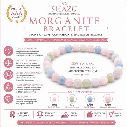 May include: A beaded bracelet made of natural morganite stones in shades of pale pink, blue, and cream. The image includes text detailing the product as a Shazu Morganite Bracelet, listing benefits like love and compassion, and showing bead size options of 6mm, 8mm, 10mm, and 12mm. The design is labeled as ethically sourced and handcrafted.