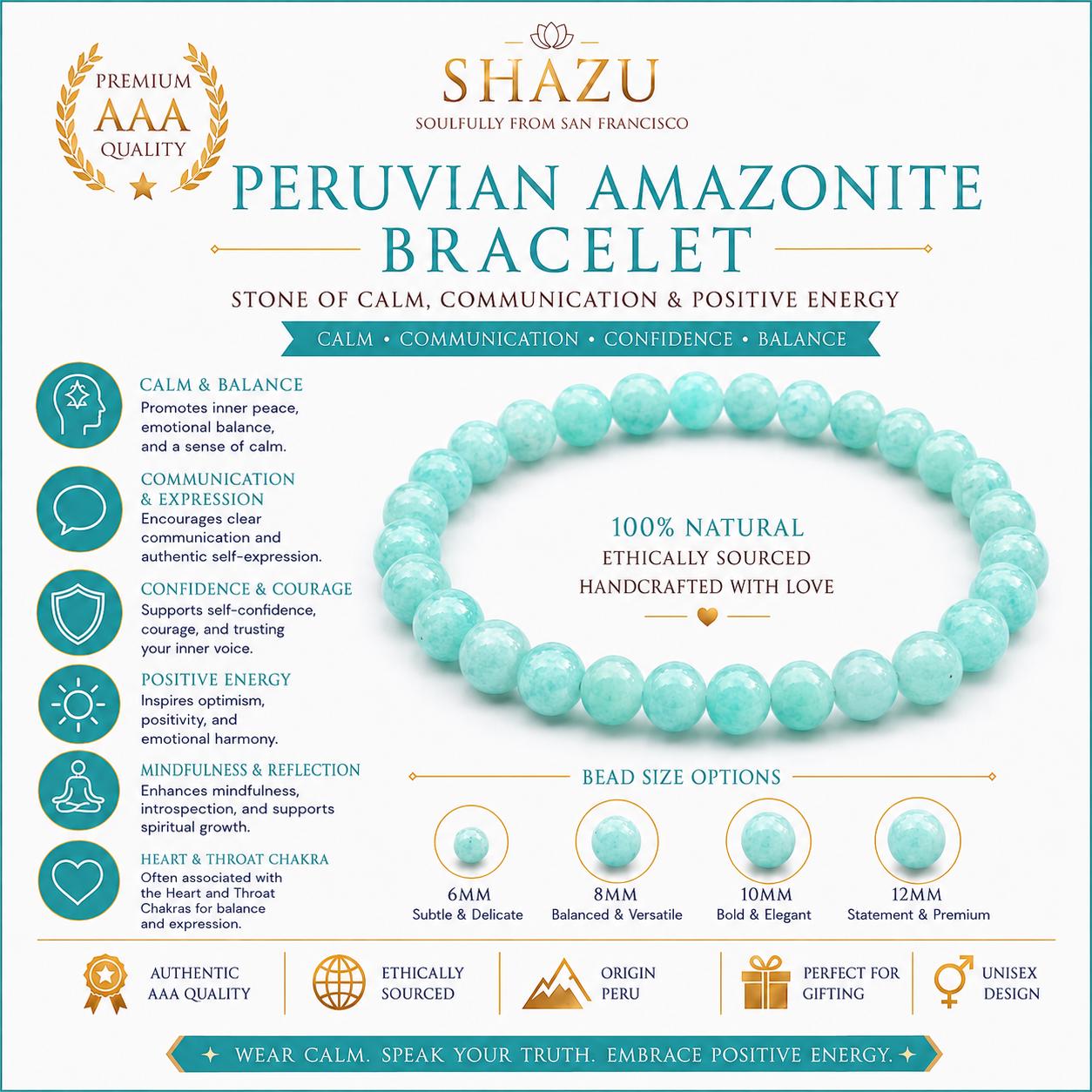 AAA Aqua Blue Peruvian Amazonite Bracelet – Natural Crystal Bracelet for Balance, Communication & Positive Energy