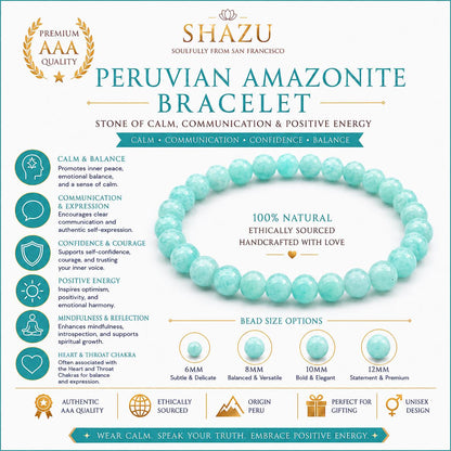 AAA Aqua Blue Peruvian Amazonite Bracelet – Natural Crystal Bracelet for Balance, Communication & Positive Energy