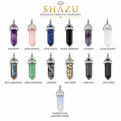 Pencil Point Crystal Pendant Necklace – Natural Gemstone, Black Cord, Amethyst, Rose Quartz, Labradorite