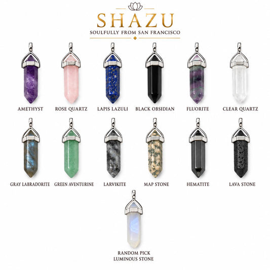 Pencil Point Crystal Pendant Necklace – Natural Gemstone, Black Cord, Amethyst, Rose Quartz, Labradorite