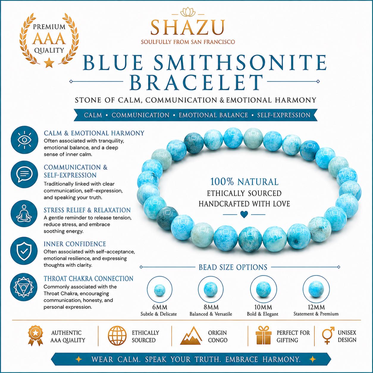 AAA Blue Smithsonite Bracelet – Natural Crystal Bracelet for Calm, Communication & Emotional Harmony