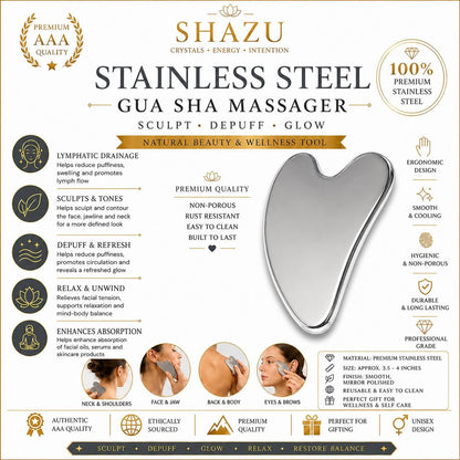 May include: A heart-shaped stainless steel gua sha massager with a mirror-polished finish. The product is displayed alongside text detailing its features, including non-porous, rust-resistant, and durable qualities, with a size of 3.5 to 4 inches.