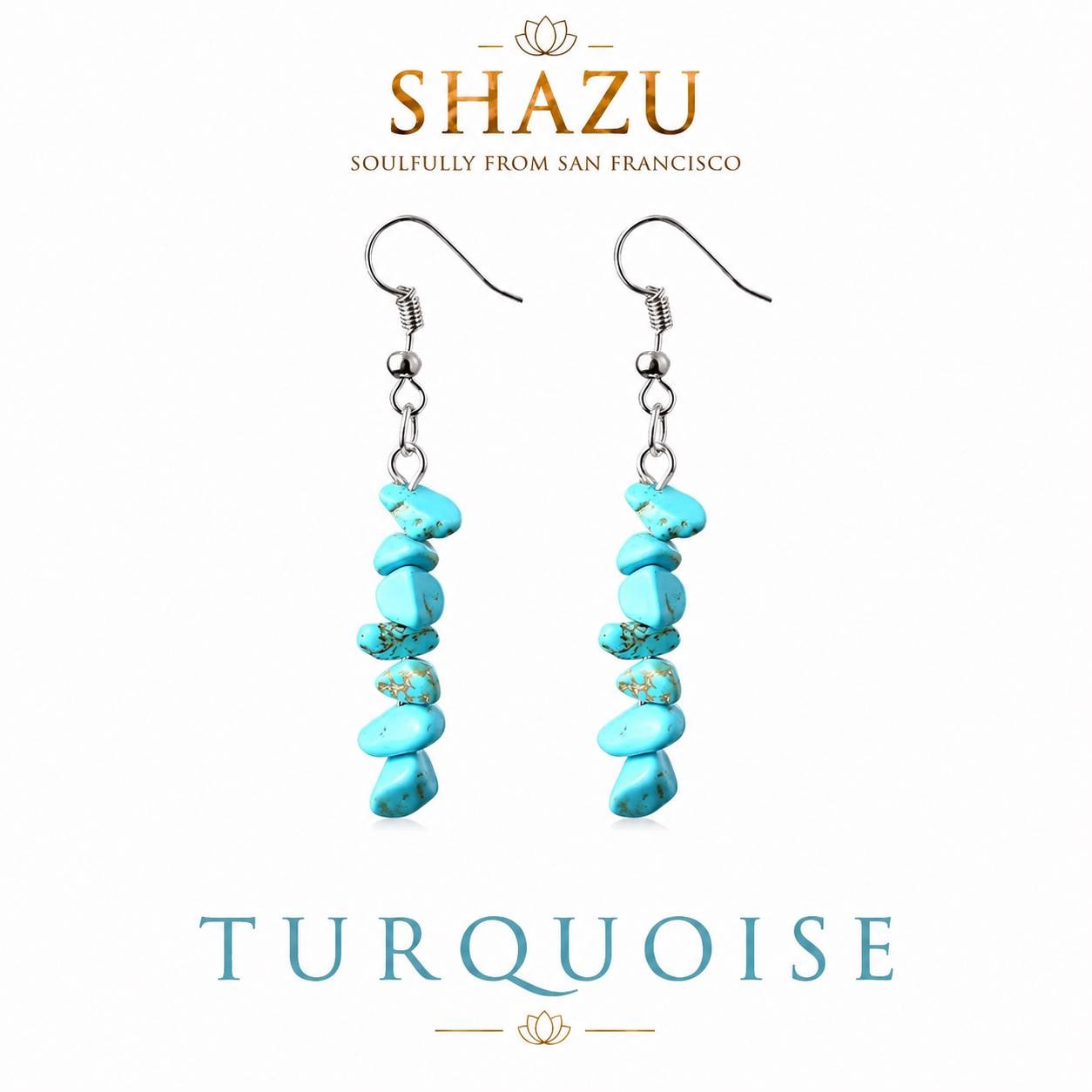 May include: Dangle earrings featuring a vertical row of irregular, tumbled turquoise stone chips in a bright cyan blue color with brown matrix veining. The stones are suspended from silver-toned metal fishhook wires with a small round bead accent.