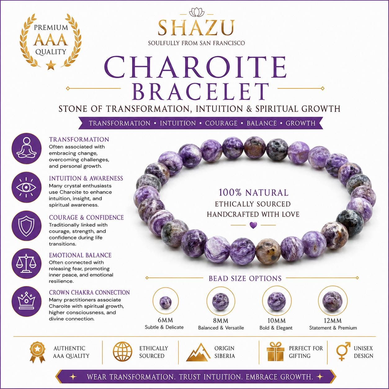 May include: A circular bracelet made of natural purple and black charoite beads. The image includes text detailing the product as a Charoite Bracelet, listing bead size options of 6mm, 8mm, 10mm, and 12mm, and describing properties like transformation.