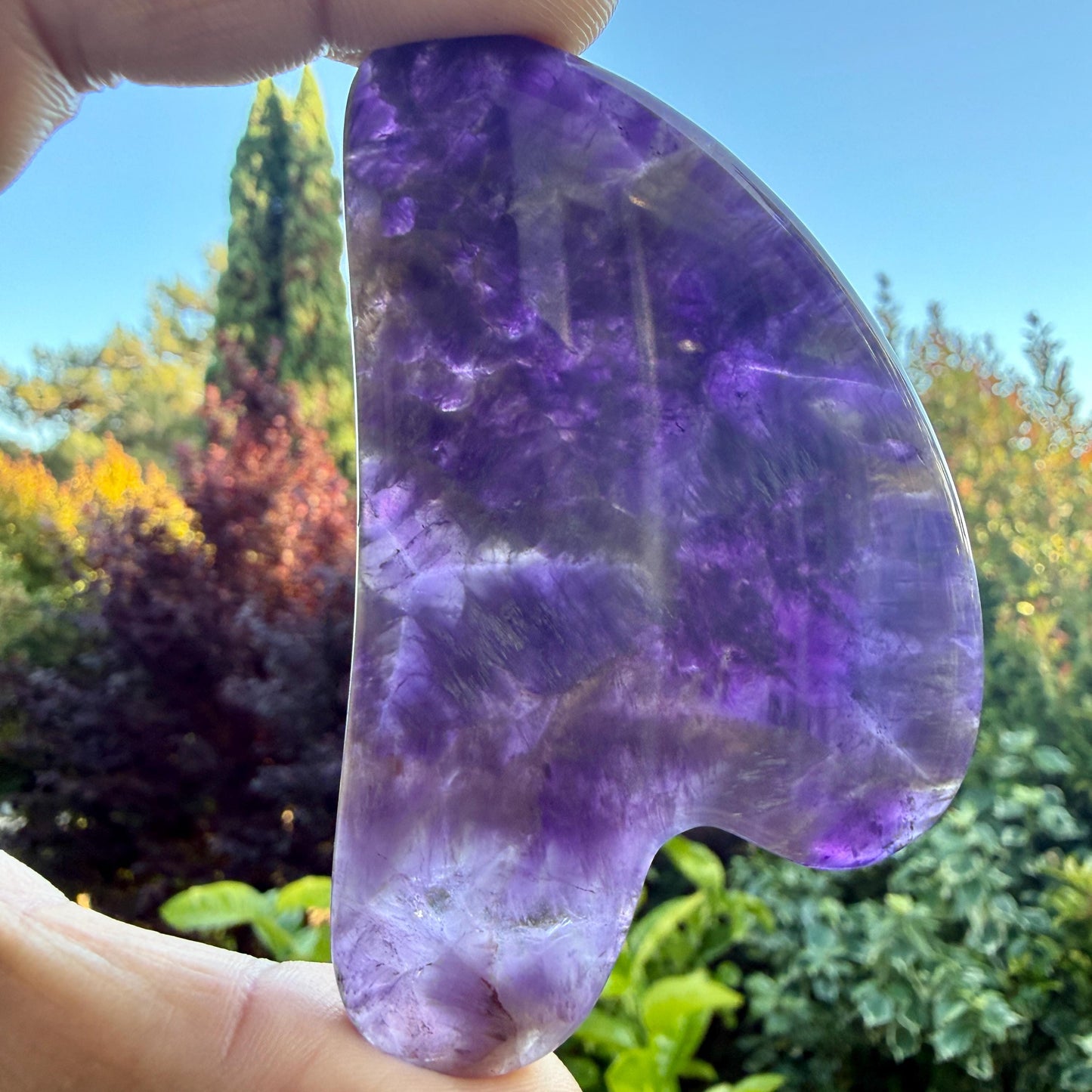 May include: A polished, heart-shaped amethyst gua sha tool featuring deep purple and translucent white crystalline patterns. The stone has a smooth, curved edge and a flat surface, showcasing natural mineral inclusions and variations in color.