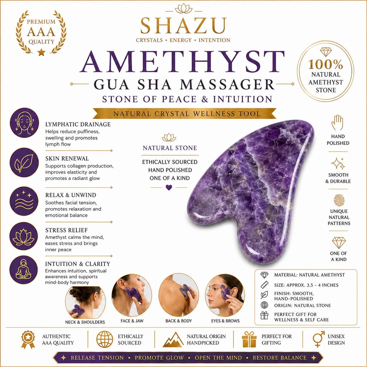 May include: A purple amethyst gua sha massager with a smooth, hand-polished finish and natural white veining. The tool is heart-shaped with curved edges, presented on a white informational card featuring text about its use for facial massage.