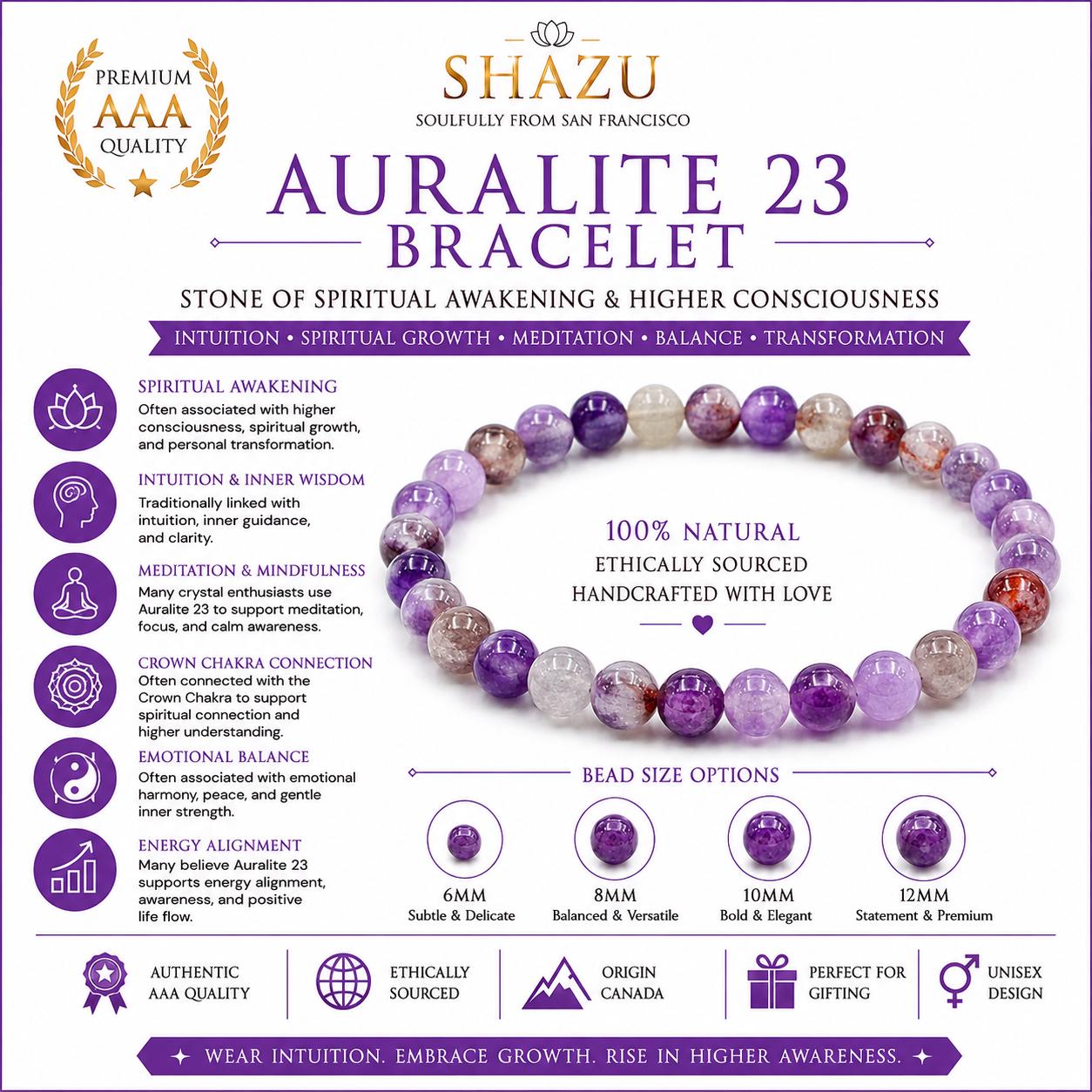 May include: A circular bracelet made of Auralite 23 beads in shades of purple, white, and reddish-brown. The image includes text detailing the stone, bead size options of 6mm, 8mm, 10mm, and 12mm, and various spiritual properties of the crystal.