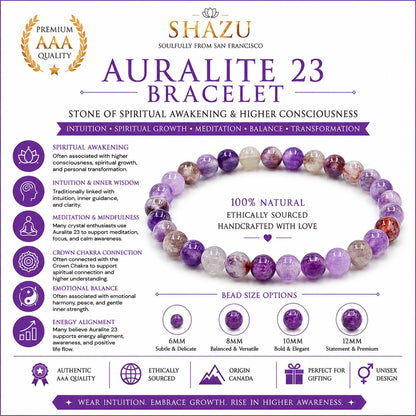 May include: A circular bracelet made of Auralite 23 beads in shades of purple, white, and reddish-brown. The image includes text detailing the stone, bead size options of 6mm, 8mm, 10mm, and 12mm, and various spiritual properties of the crystal.
