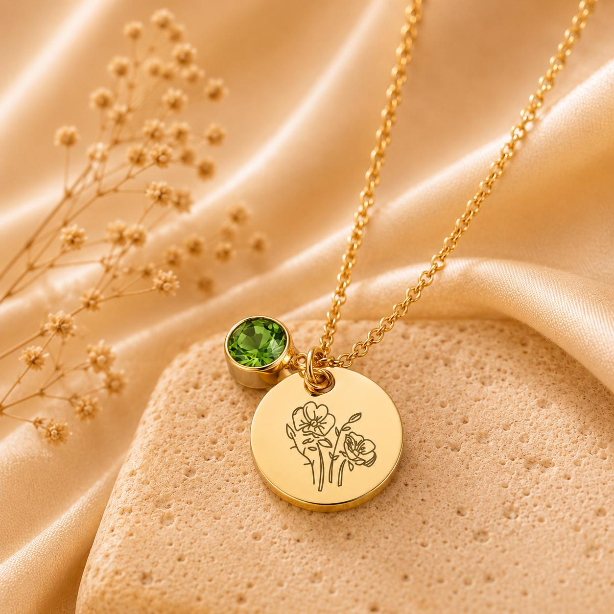 May include: A gold-toned necklace featuring a delicate chain, a circular pendant engraved with a line-art floral design, and a small, round, faceted green gemstone charm suspended next to the disc pendant on a gold-toned metal link.
