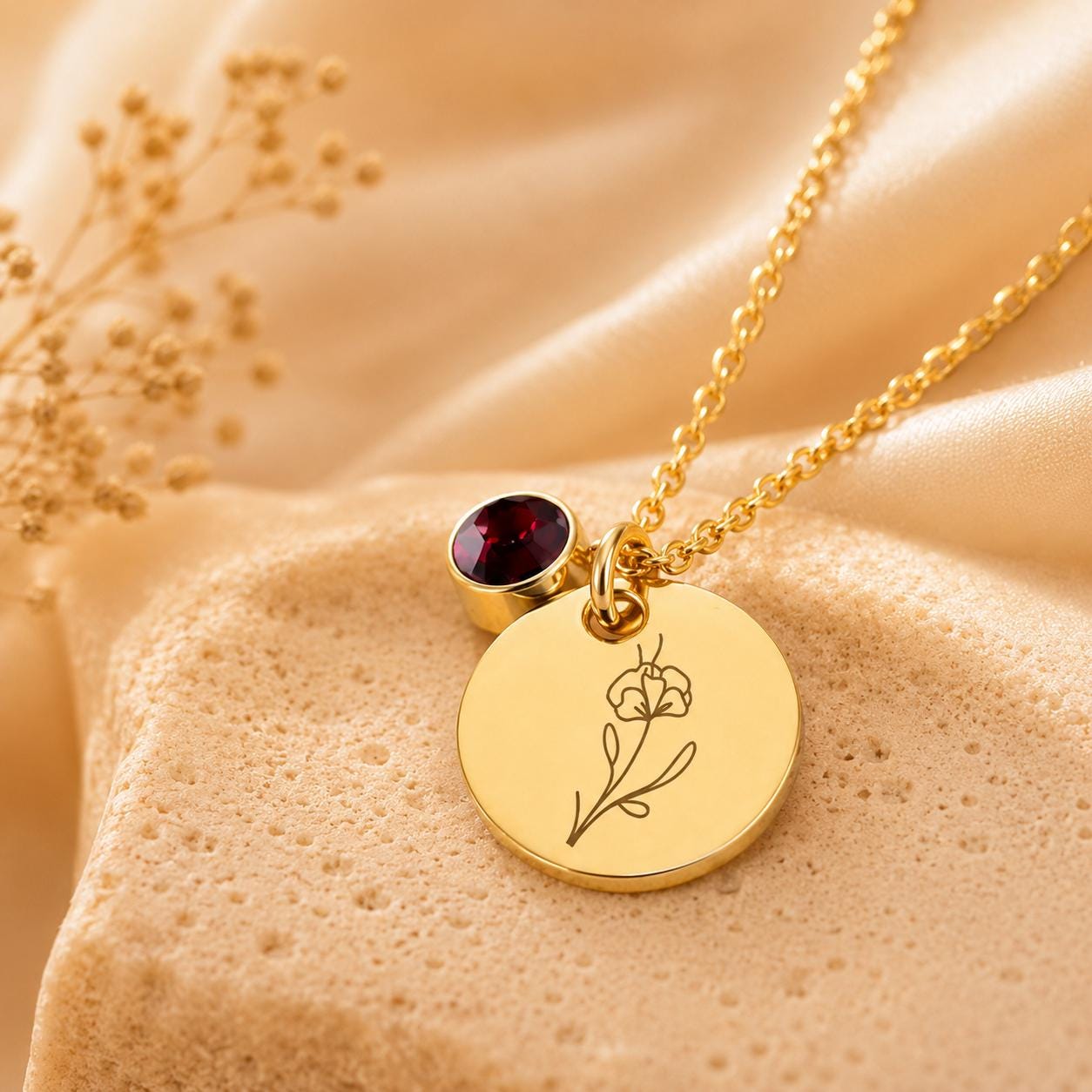 May include: A gold-toned necklace featuring a circular pendant engraved with a delicate line-art flower design. Attached to the pendant is a small, round, deep red gemstone charm. The necklace is suspended from a thin gold-toned chain.