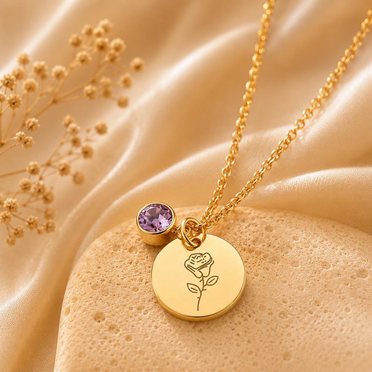 May include: A gold-toned necklace featuring a circular pendant engraved with a single rose illustration. The necklace includes a small, round, light purple crystal charm attached near the pendant, suspended from a delicate gold-toned chain.