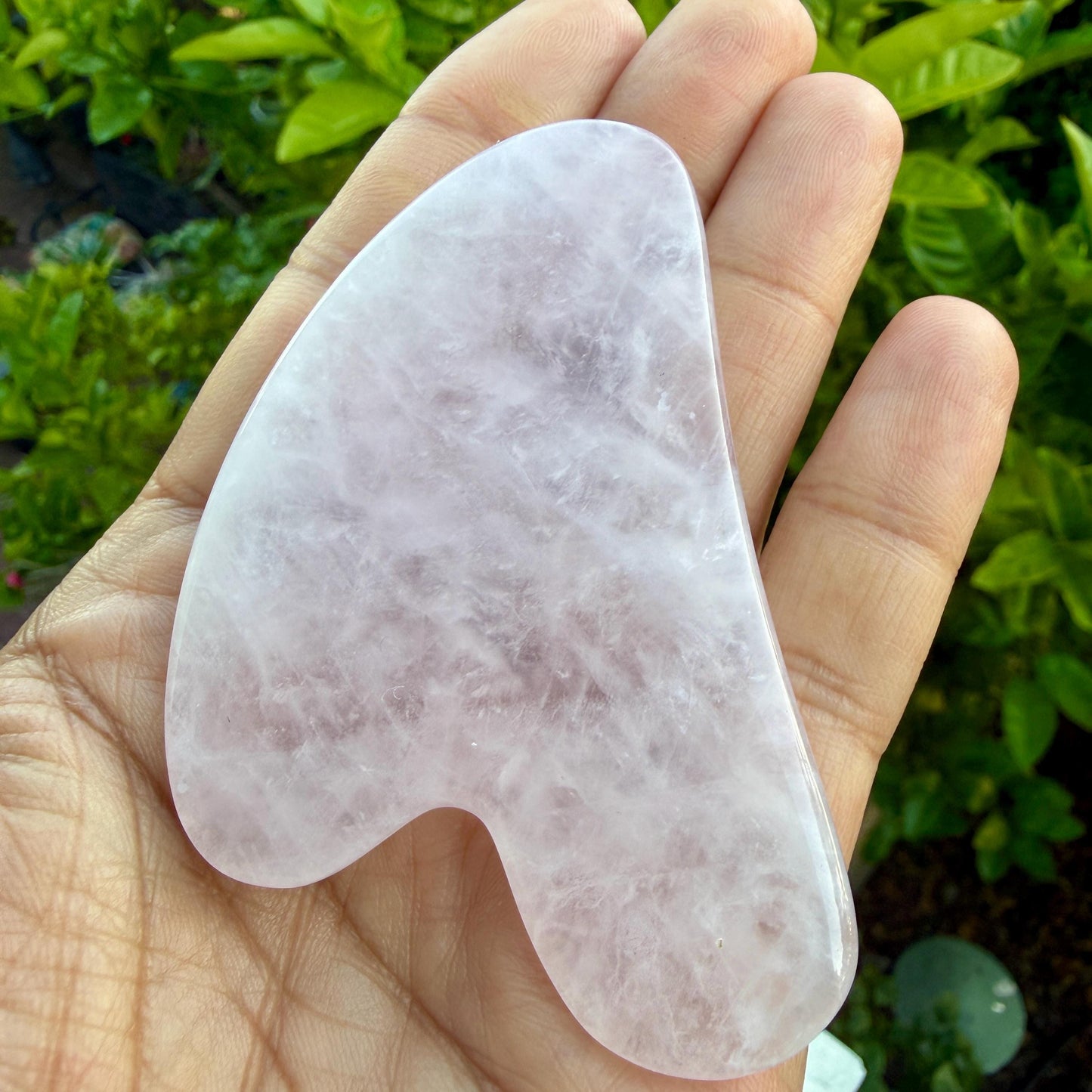 May include: A smooth, heart-shaped gua sha tool crafted from pale pink rose quartz. The stone features a translucent, crystalline texture with natural internal veining and a polished, glossy finish, designed with curved edges for facial massage.