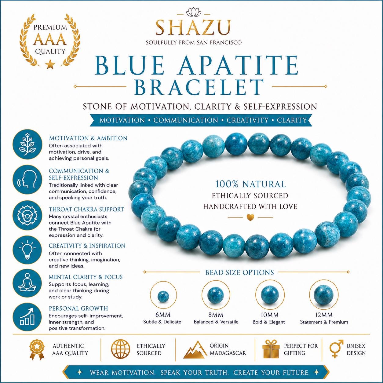 May include: A blue apatite beaded bracelet with round, polished stones. The image includes text: SHAZU, BLUE APATITE BRACELET, 100% NATURAL, ETHICALLY SOURCED, HANDCRAFTED WITH LOVE, and bead size options of 6mm, 8mm, 10mm, and 12mm with descriptions.