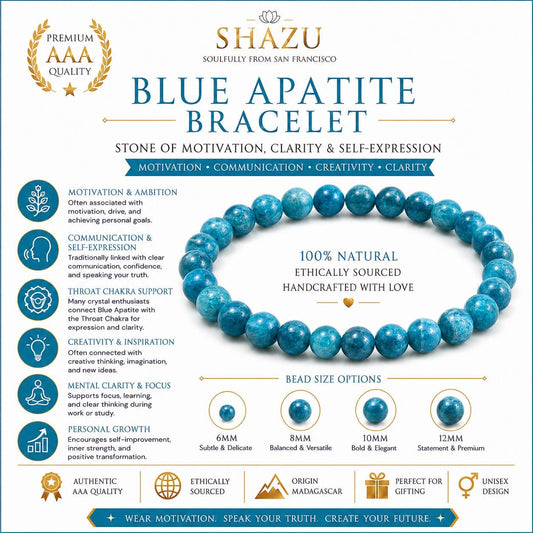 May include: A blue apatite beaded bracelet with round, polished stones. The image includes text: SHAZU, BLUE APATITE BRACELET, 100% NATURAL, ETHICALLY SOURCED, HANDCRAFTED WITH LOVE, and bead size options of 6mm, 8mm, 10mm, and 12mm with descriptions.