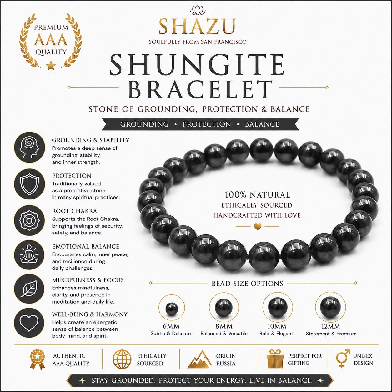 May include: A Shungite bracelet featuring polished black spherical beads arranged in a circular pattern. The image includes text detailing the product as a Shungite bracelet with bead size options of 6mm, 8mm, 10mm, and 12mm, alongside information about grounding, protection, and balance.