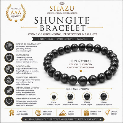 May include: A Shungite bracelet featuring polished black spherical beads arranged in a circular pattern. The image includes text detailing the product as a Shungite bracelet with bead size options of 6mm, 8mm, 10mm, and 12mm, alongside information about grounding, protection, and balance.