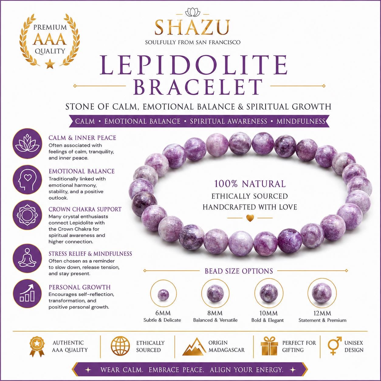 May include: A circular bracelet made of natural purple lepidolite beads. The image includes text detailing the product as a Lepidolite Bracelet, listing bead size options of 6mm, 8mm, 10mm, and 12mm, and describing benefits like calm and emotional balance.