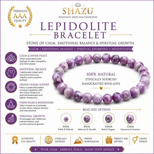 May include: A circular bracelet made of natural purple lepidolite beads. The image includes text detailing the product as a Lepidolite Bracelet, listing bead size options of 6mm, 8mm, 10mm, and 12mm, and describing benefits like calm and emotional balance.