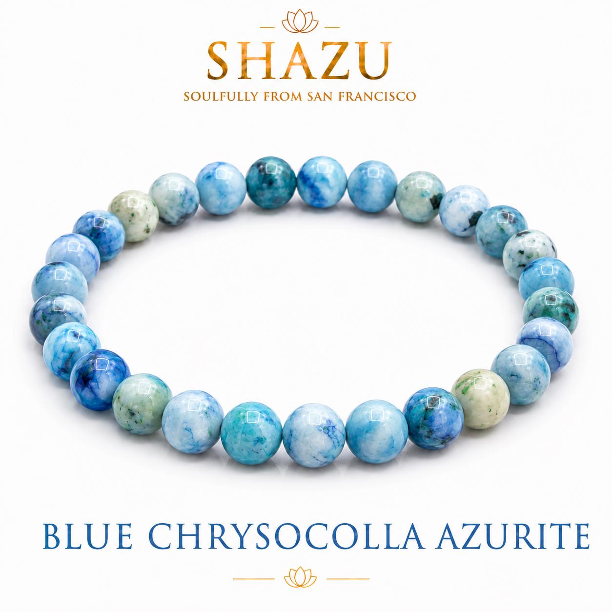 May include: A beaded bracelet made of round blue chrysocolla azurite stones with marbled patterns in shades of light blue, teal, and white. The text SHAZU SOULFULLY FROM SAN FRANCISCO and BLUE CHRYSOCOLLA AZURITE is printed above and below the bracelet.