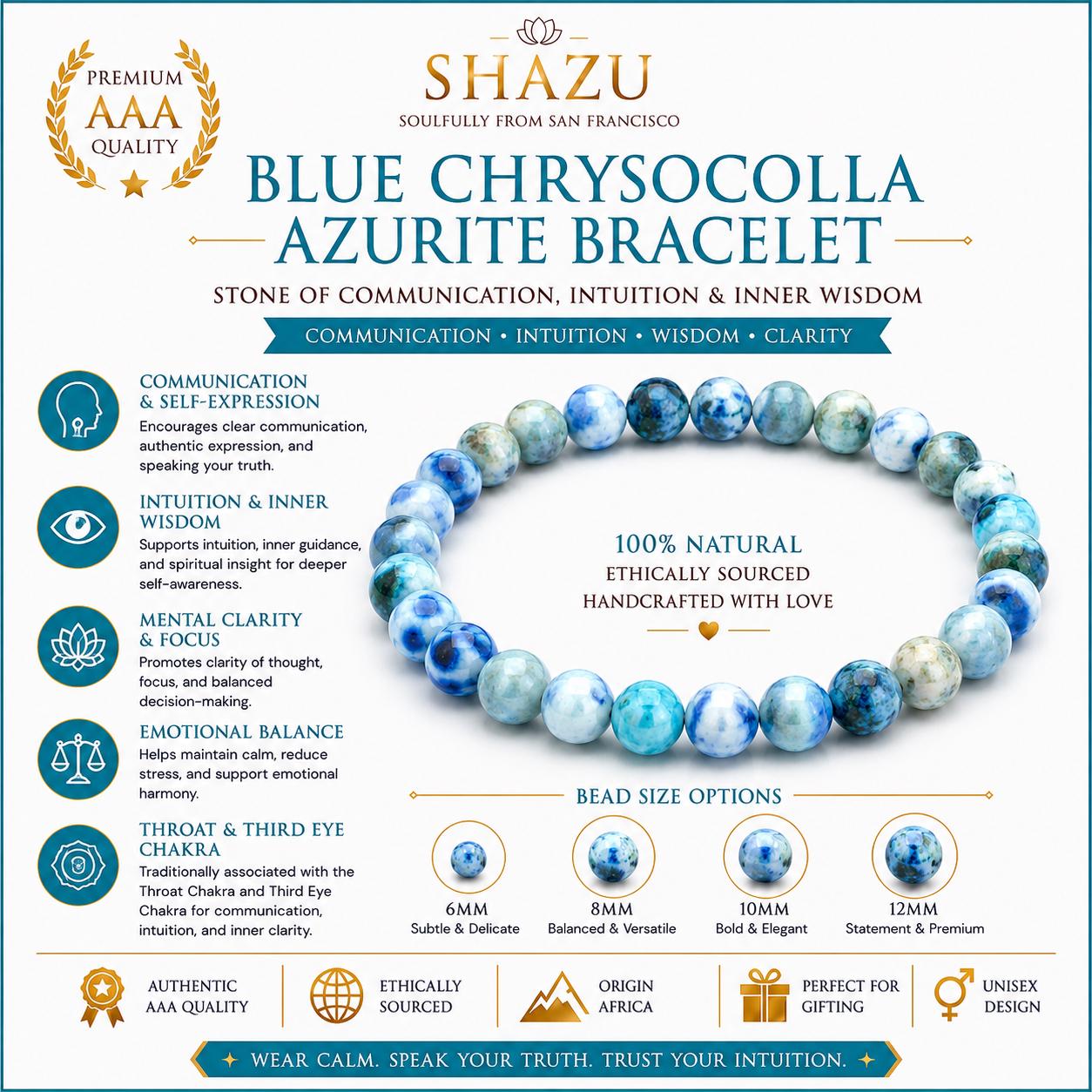 May include: A blue chrysocolla azurite beaded bracelet featuring natural stone beads in various shades of blue and white. The image displays text detailing bead size options of 6mm, 8mm, 10mm, and 12mm, along with information about the stone's properties.
