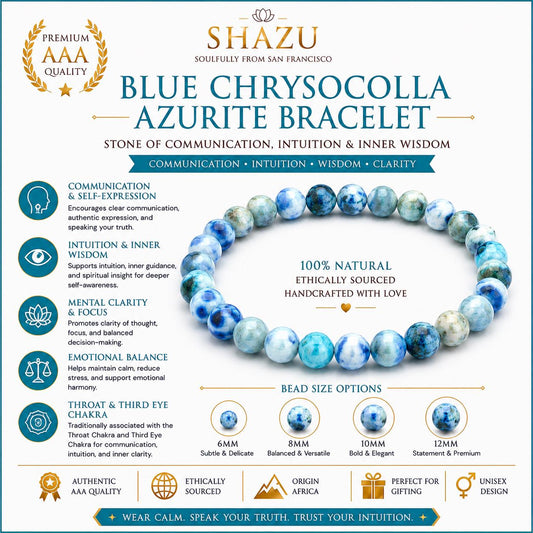 May include: A blue chrysocolla azurite beaded bracelet featuring natural stone beads in various shades of blue and white. The image displays text detailing bead size options of 6mm, 8mm, 10mm, and 12mm, along with information about the stone's properties.