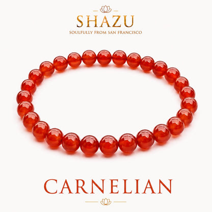 May include: A circular bracelet composed of smooth, polished, translucent orange-red carnelian gemstone beads. Above the bracelet, the text reads SHAZU SOULFULLY FROM SAN FRANCISCO. Below the bracelet, the text reads CARNELIAN in large letters.