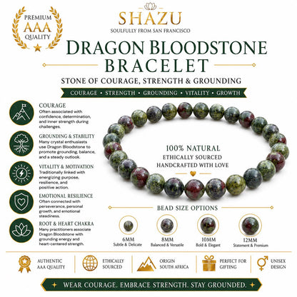 May include: A circular bracelet made of natural dragon bloodstone beads in shades of dark green and deep red. The image includes text labels for bead sizes ranging from 6mm to 12mm, along with descriptive text about the stone's properties.