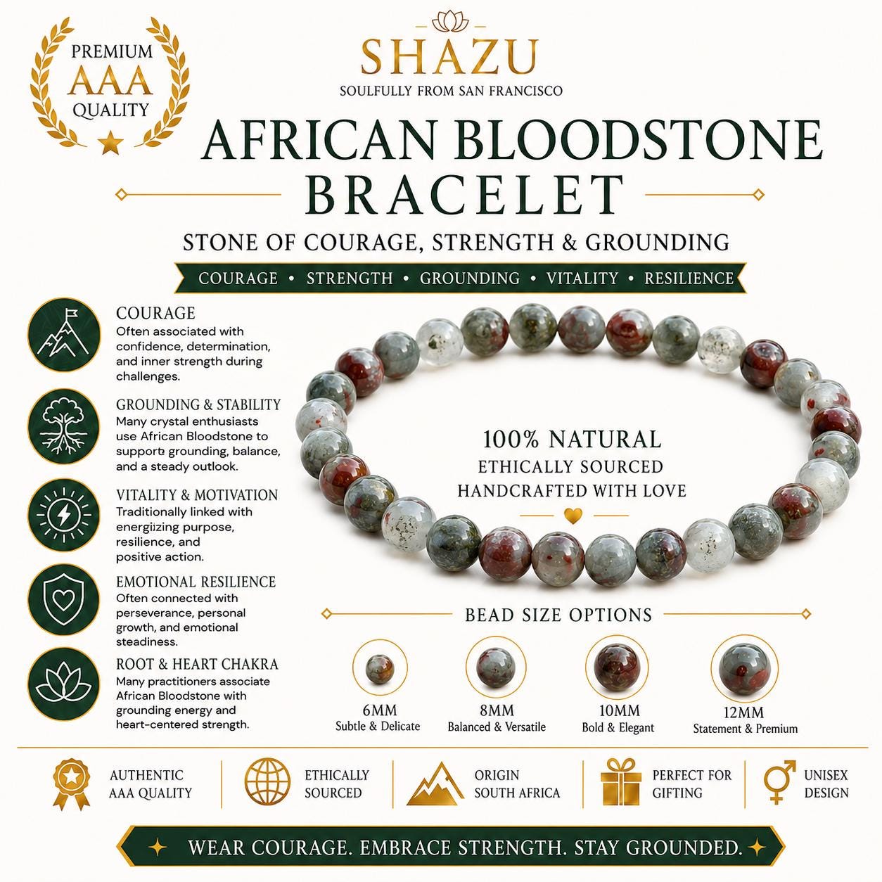 May include: An African Bloodstone beaded bracelet featuring round, multi-colored stones in shades of green and red. The image includes text detailing bead size options of 6mm, 8mm, 10mm, and 12mm, along with product information about natural sourcing.