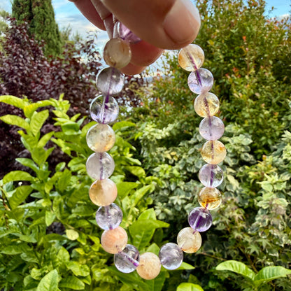 May include: A beaded bracelet featuring alternating round, polished gemstones in shades of translucent purple amethyst and warm, golden yellow citrine. The beads are strung on a clear elastic cord, creating a circular shape with varied color tones.