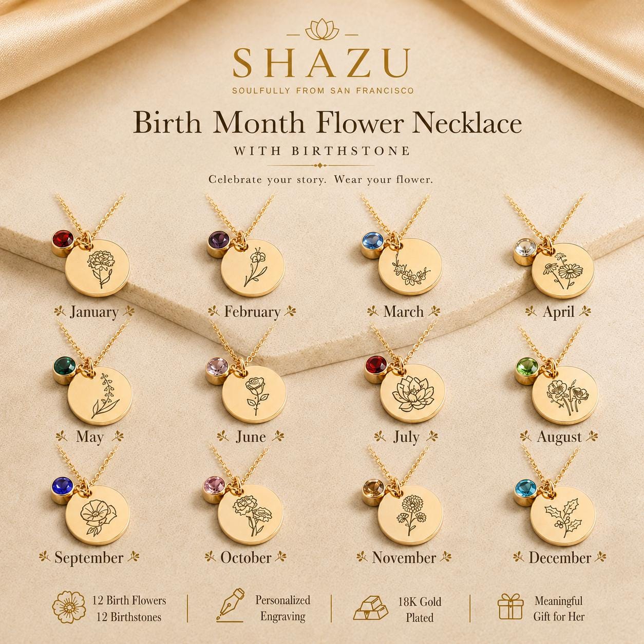 May include: A collection of twelve gold-toned necklaces, each featuring a circular pendant engraved with a unique birth month flower and a small, colored birthstone charm. The text SHAZU Birth Month Flower Necklace with Birthstone is displayed.
