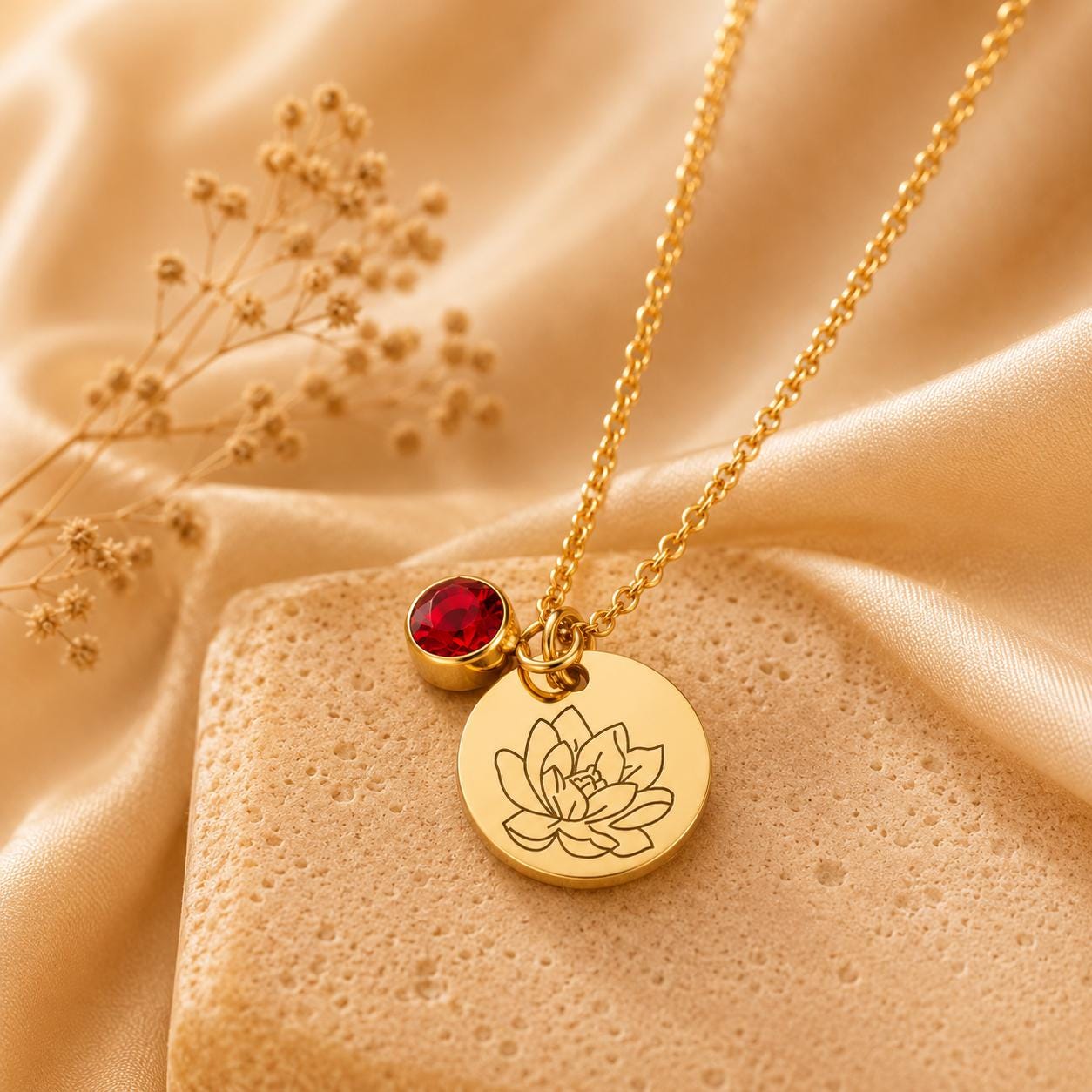 May include: A gold-toned necklace featuring a circular pendant engraved with a lotus flower design. The necklace includes a small, round, faceted red crystal charm attached to the same jump ring as the pendant, suspended from a delicate gold chain.
