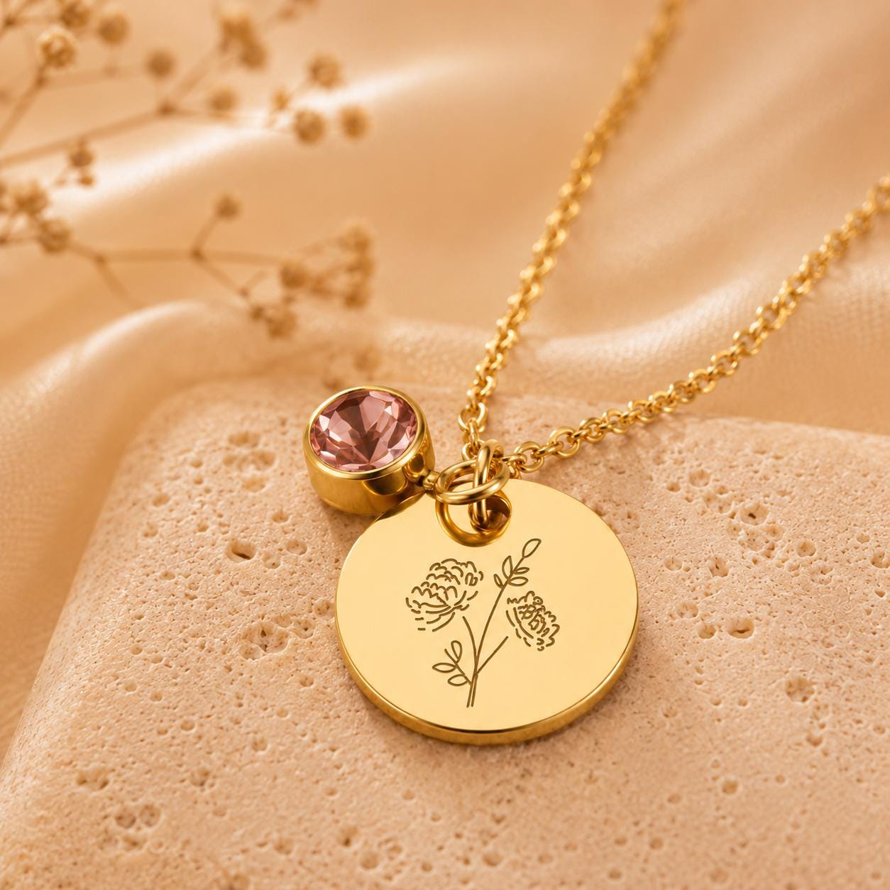 May include: A gold-toned necklace featuring a circular pendant engraved with a delicate line-art floral design. Attached to the same jump ring is a small, round, light pink faceted gemstone set in a gold-toned bezel, suspended from a fine chain.