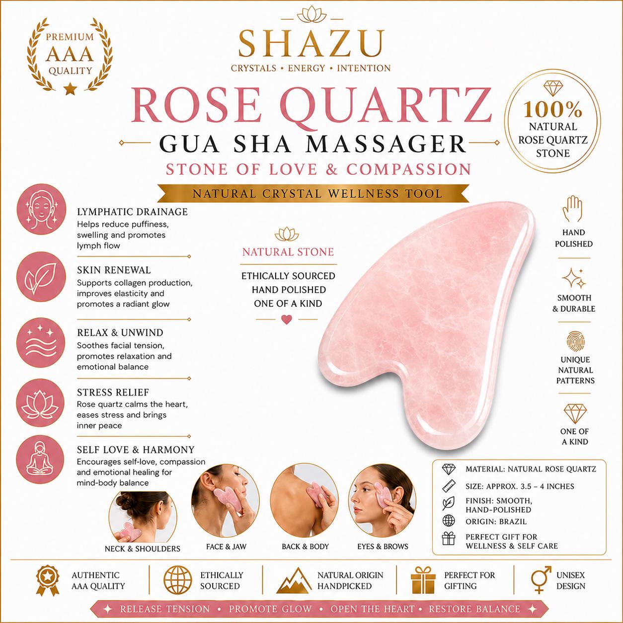 May include: A heart-shaped rose quartz gua sha massager with a smooth, polished finish. The product is presented on an informational card detailing its use for lymphatic drainage, skin renewal, and stress relief, with dimensions listed as 3.5 to 4 inches.