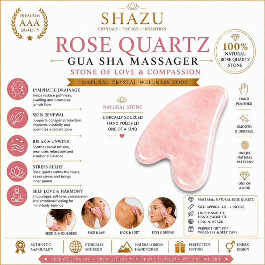 May include: A heart-shaped rose quartz gua sha massager with a smooth, polished finish. The product is presented on an informational card detailing its use for lymphatic drainage, skin renewal, and stress relief, with dimensions listed as 3.5 to 4 inches.